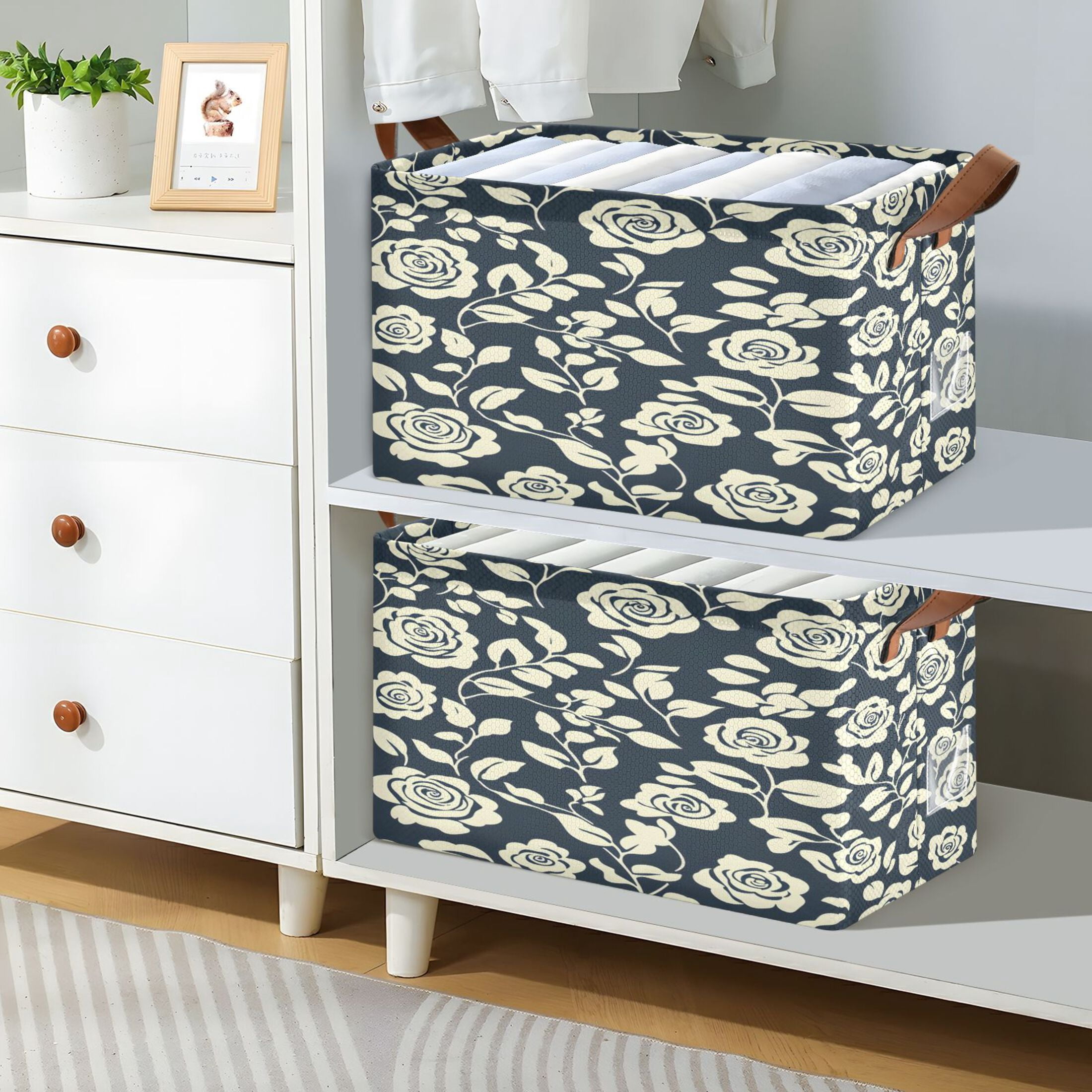 Ryvnso Peony Flowers on Black Storage Bins Large Basket Foldable Cube Toys Organizer with Handles 2 PCs