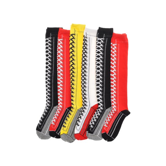 Angelina Cotton Knee-High Socks with Lace Up Boots Design (6-Pack)