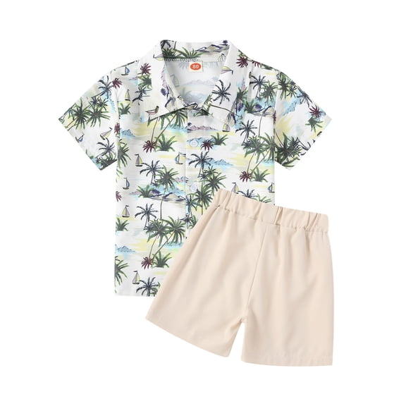 XAOFW Boy's Outfits Sets Short Sleeve Crewneck Tropical Leaf Print T Shirts And Shorts Kids Two Piece Outfits Home Lounging Versatile Stylish Toddler Clothing Sets