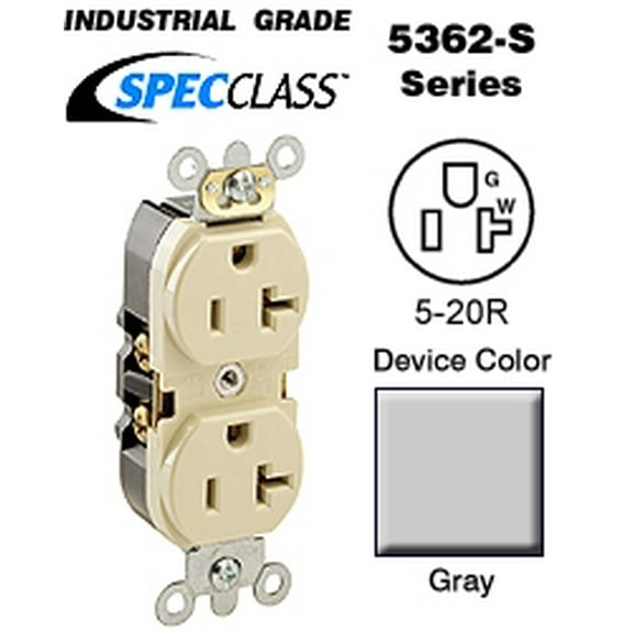 Leviton 5362-GYS 20-Amp, 125 Volt, Industrial Heavy Duty Grade, Duplex Receptacle, Straight Blade, Self Grounding, Gray
