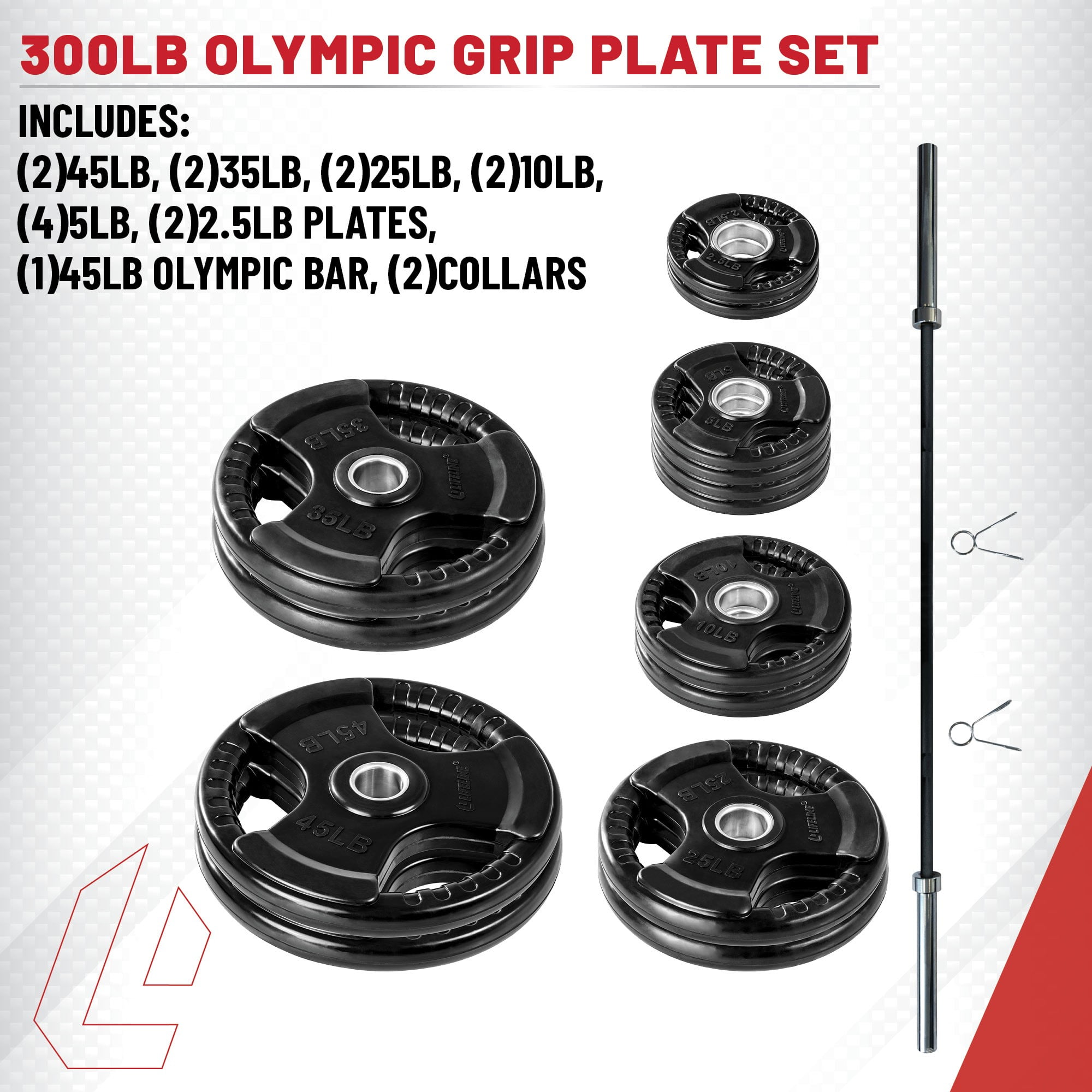Lifeline Fitness 300 LB Olympic Weight Set -  Rubber Coated Olympic Plates, Barbell, and Clips