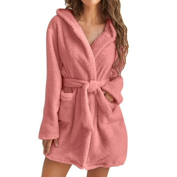 Tie Waist Nightgown Women's Hooded Nightgown Plush Winter Bathrobe with Pockets Solid Color Tie Waist Flannel Pajamas for Home Sauna Vacation Party