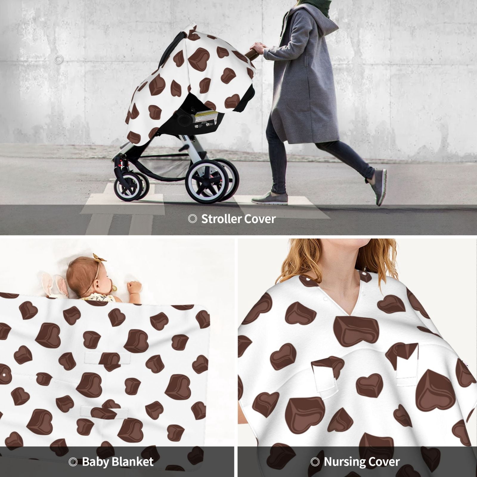 Car Seat Cover Baby - Heart Shape Chocolate Print Breathable Infant Car Seat Cover for Baby Carseat, Lightweight Comfort Baby Essentials Must Haves Newborn Stuff for Girl Boy