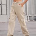 thumbnail image 6 of Bigersell Women High Waisted Cargo Pants Multiple Pockets Regular Straight Jeans Wide Leg Pants Button Closure Stretch Denim Jeans Pants KhakiL, 6 of 7