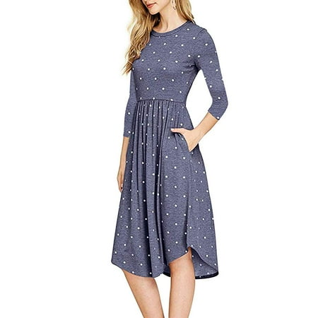 Cap Sleeve Polka Dot Dress - Women 3/4 Sleeve Polka Dot Casual Dress Floral Print Pleated Loose Swing Midi Dress with Pocket