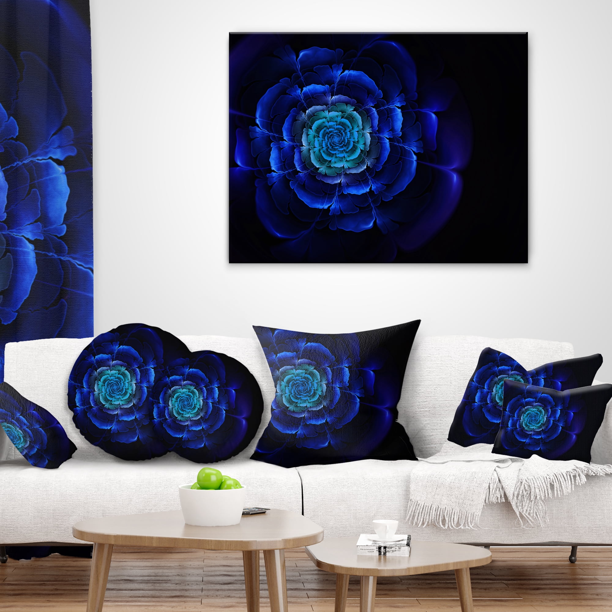 Designart Fractal Silver Blue in Dark - Floral Throw Pillow - 18x18