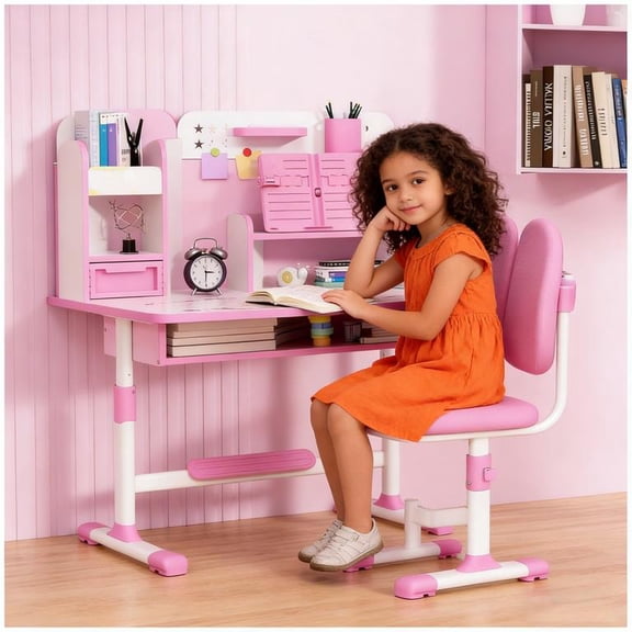 Floseru Upgraded Kid's Desk and Chair Set, Adjustable Children's Study Table with Bookshelf and Storage Drawer, 50-Degree Tiltable Desktop with Chair for Bedroom