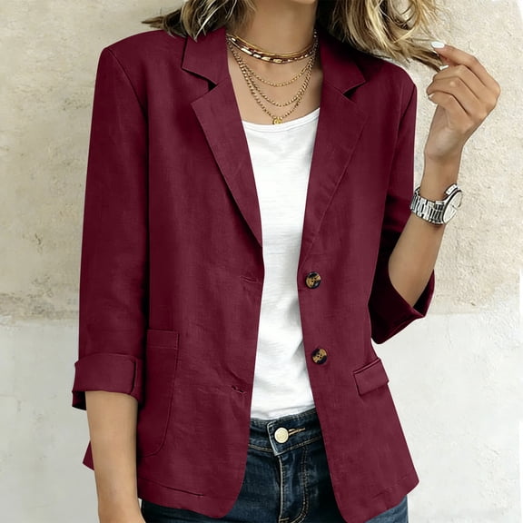 FDGIU Women's Linen Blend 3/4 Sleeve Blazer Jacket, Two Button Notched Lapel Open Front Suit Coat with Patch Pockets for Office Business Casual Daily Layering