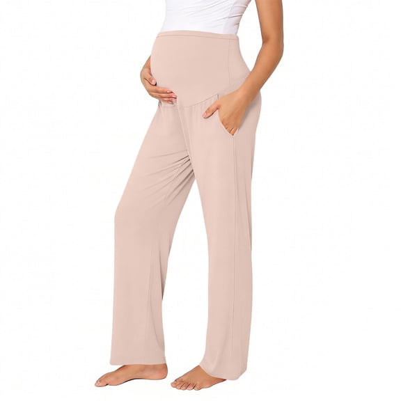 Amzcrzy Maternity Pants High Waist Over Belly Wide Leg Trousers Pants for Women with Pockets High Elastic Breathable Straight Leg Summer Pants for Pregnancy Pink S
