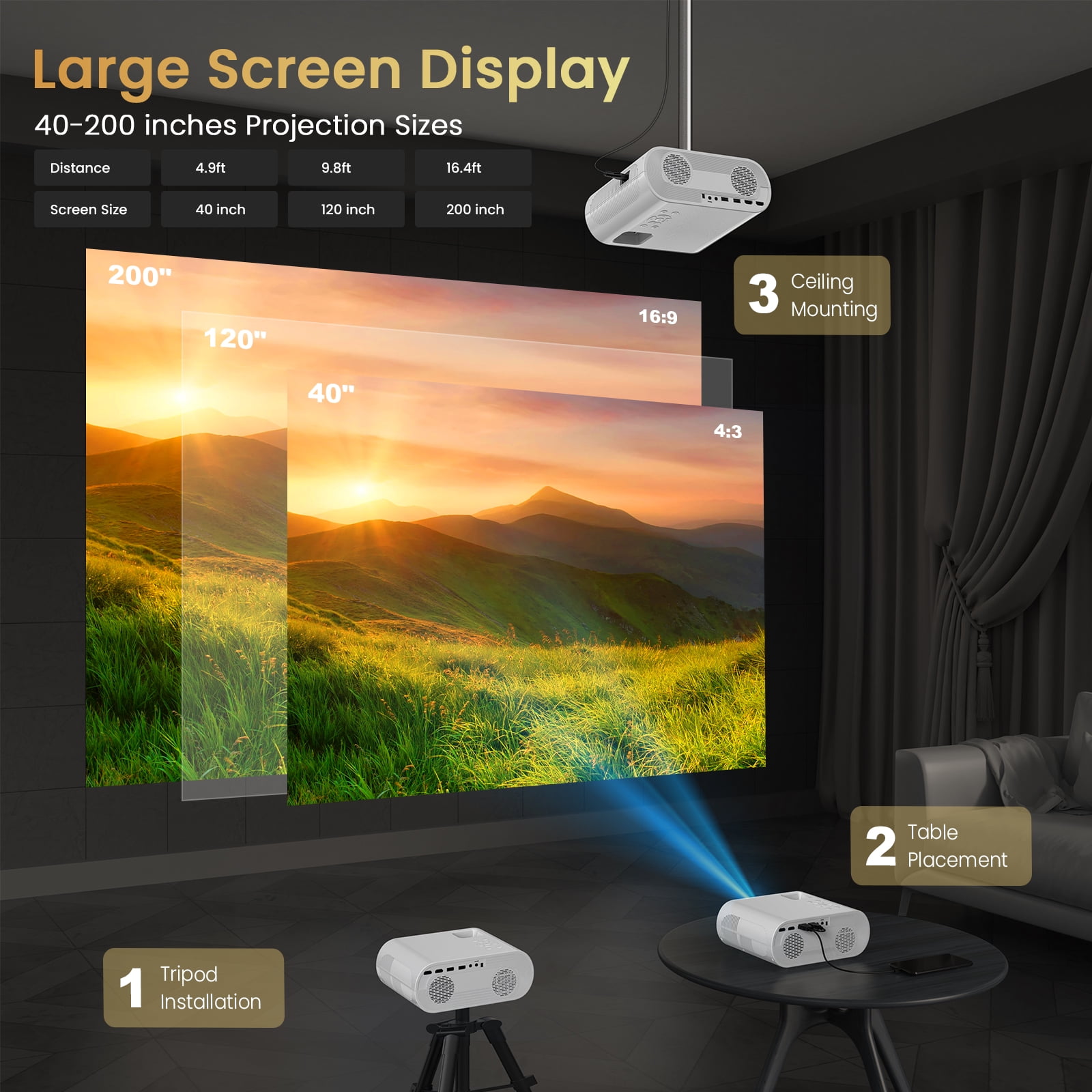 AUOSHI Native 1080P Full HD Bluetooth Projector with Speaker Movie Projector with Wifi and Bluetooth Compatible with Laptop, Smartphone, TV Stick, Xbox, PS5