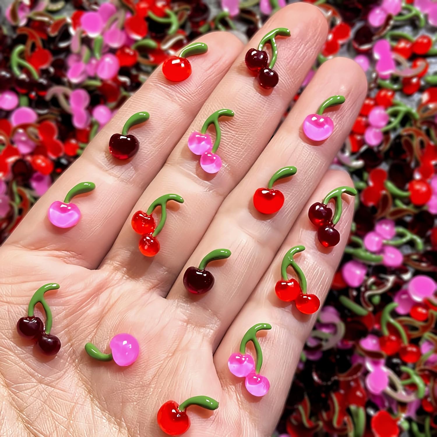 RAGUPEL Cherries Nail Charms 3D Cherry Nail Rhinestones Nail Gems Colorful Cherry Nail Diamonds Summer Fruit 3D Resin Y2K Nail Jewels Nails Design Nail Accessories Nail Supplies Diy Nail Craft
