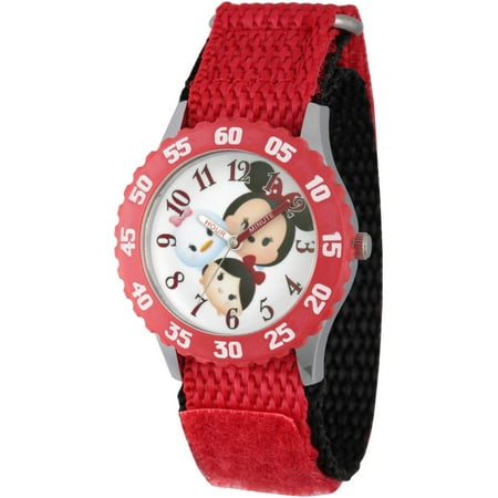 Disney Tsum Tsum Daisy Duck, Snow White and Minnie Mouse Girls' Stainless Steel Time Teacher Watch, Red Bezel, Red Hook-and-Loop Nylon Strap with Black Back