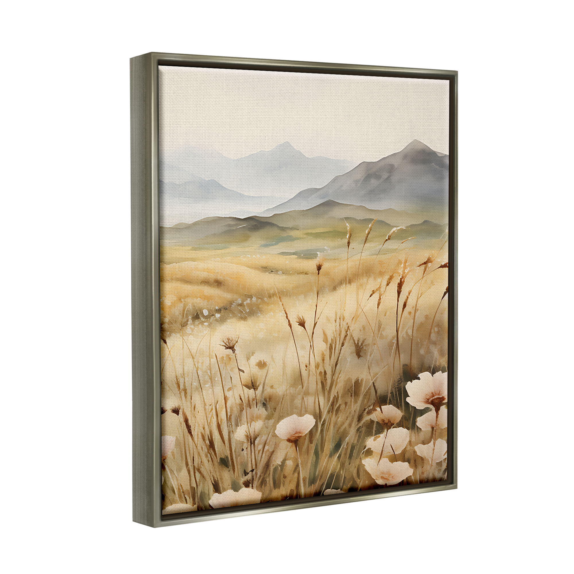 Stupell Industries Mountain View Meadow Landscape Painting Gray Floater Framed Canvas Art Print Wall Art, 25 x 31