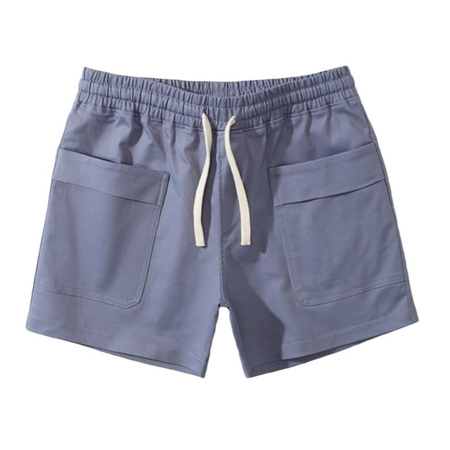 Men Solid Cotton Three-Point Pants Sports Elastic Mid-Waist Drawstring Workout Comfy Lace-Up Shorts(Blue,L)