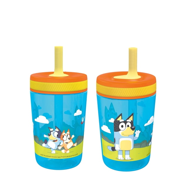 Zak Designs Juego de vasos Bluey Kelso de 15 oz, tapa de rosca a prueba de fugas sin BPA con pajita hecha de plástico duradero y silicona, paquete perfecto para niños, 2 unidades (paquete de 1)