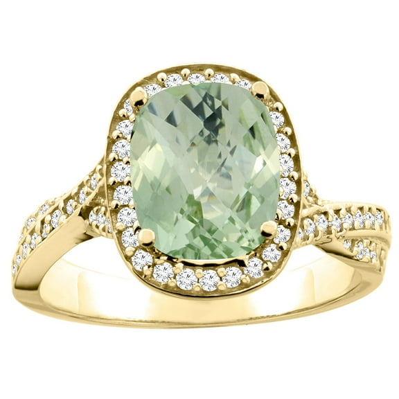 14K Yellow Gold Natural Green Amethyst Halo Ring Cushion 9x7mm Diamond Accent 1/2 inch wide, size 9.5