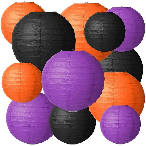 Lsupdaol 12 Pcs Traditional Round Paper Wedding Lantern 4 Size 4, 6, 8, 10 Inch Decorative Ball Hanging Chinese Japanese Paper Lantern for Birthday Party(Black, Orange, Purple)