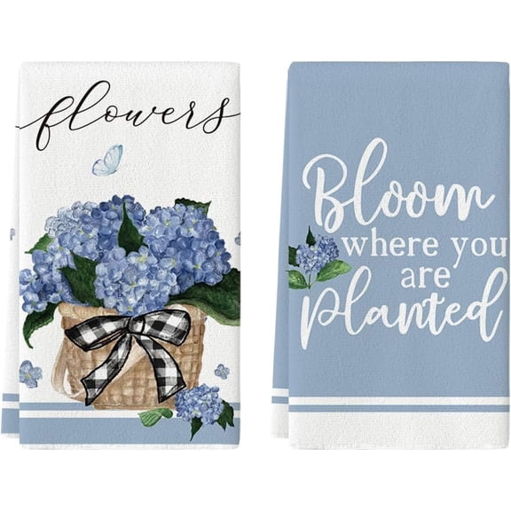 Watercolor Hydrangea Floral Basket Spring Kitchen Towels Dish Towels, 18x26 Inch Seasonal Summer Decoration Hand Towels Set of 2