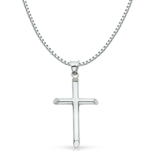 14K White Solid Gold Classic Cross Religious Charm Pendant with 1.2mm Box Chain Necklace - 16"