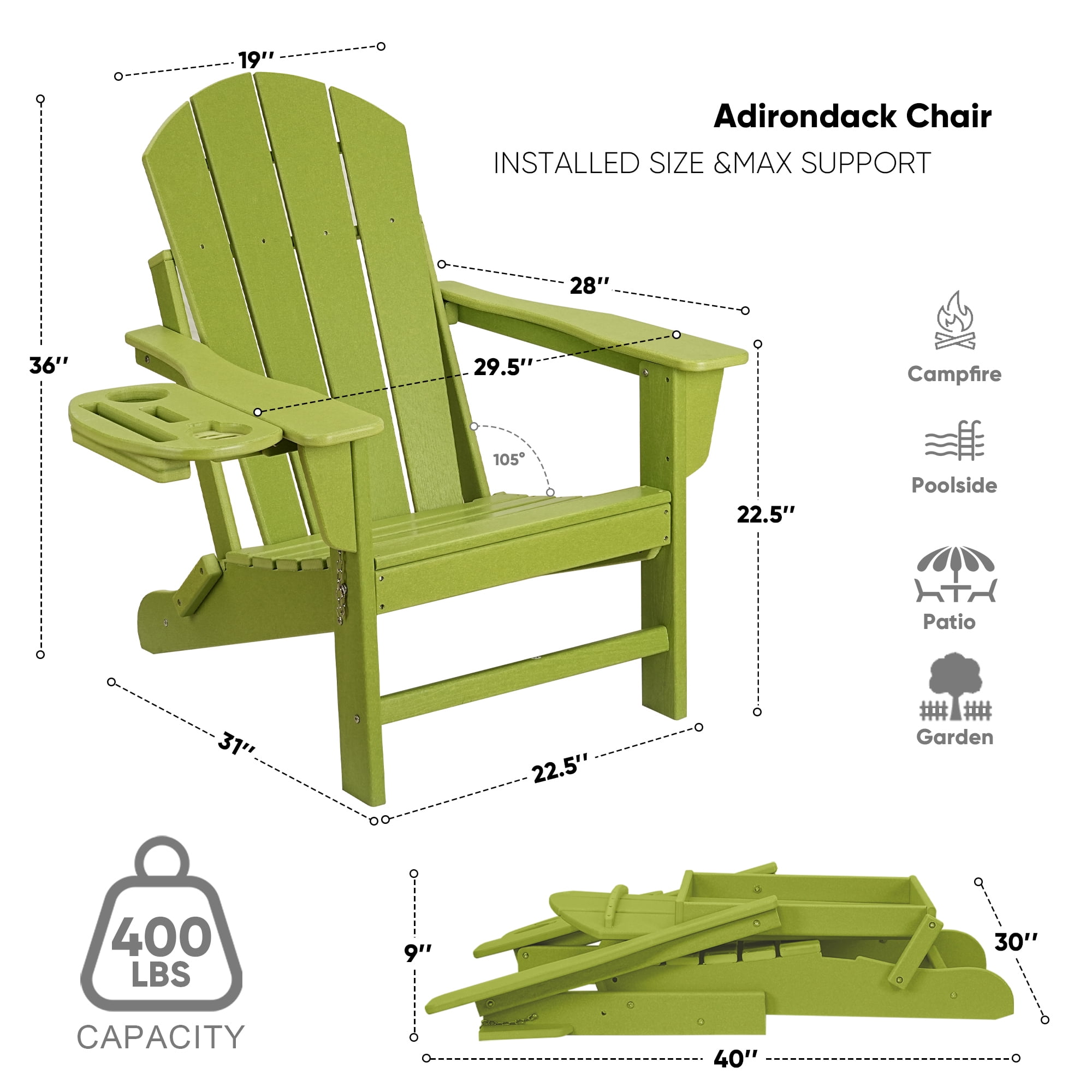 Folding HDPE Adirondack Chair with 4 in 1 Cup Holder Tray Plastic Adirondack Chairs Weather Resistant Lawn Outdoor Firepit Chairs, Light Green