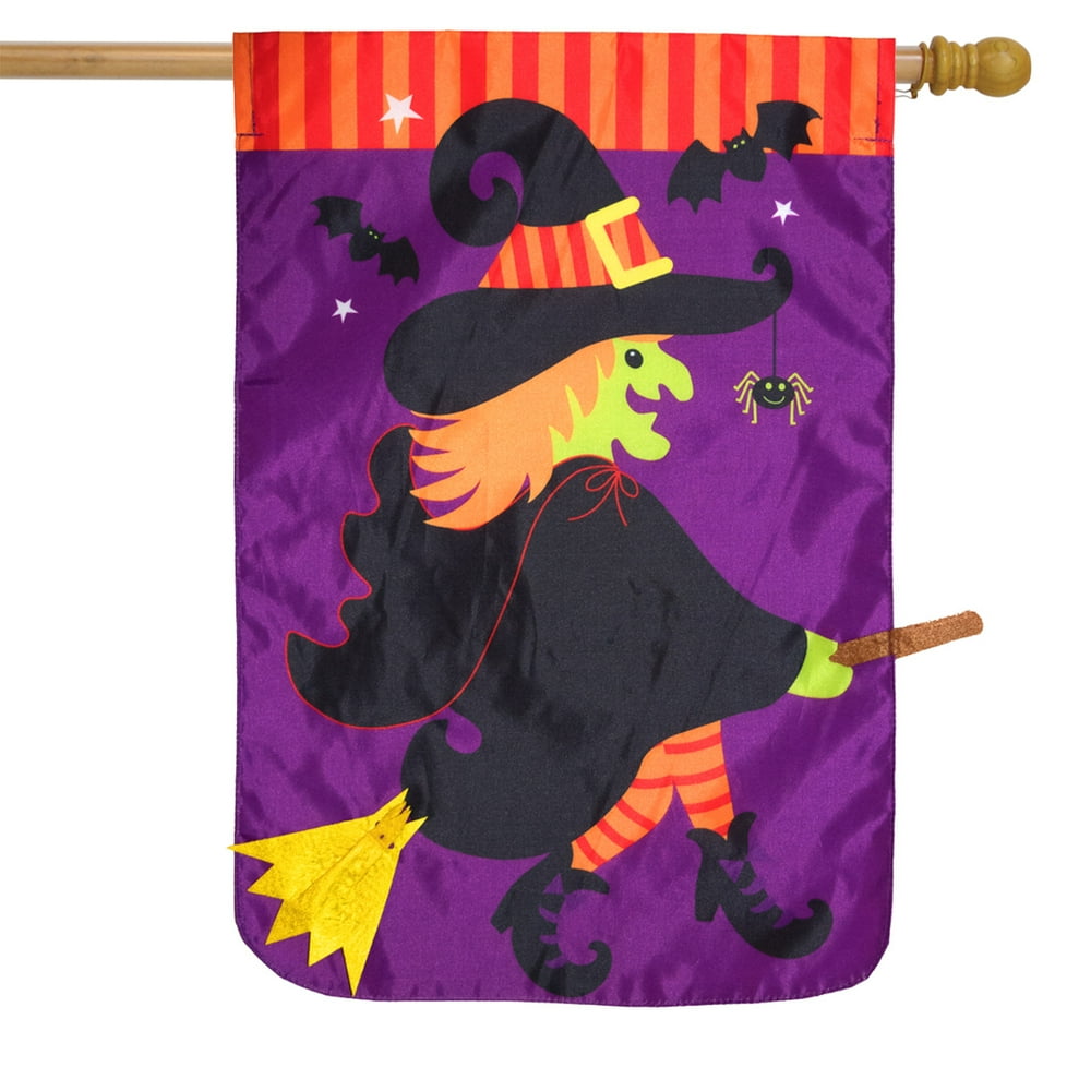 Flying Witch Halloween Applique House Flag Double Sided 28" x 40