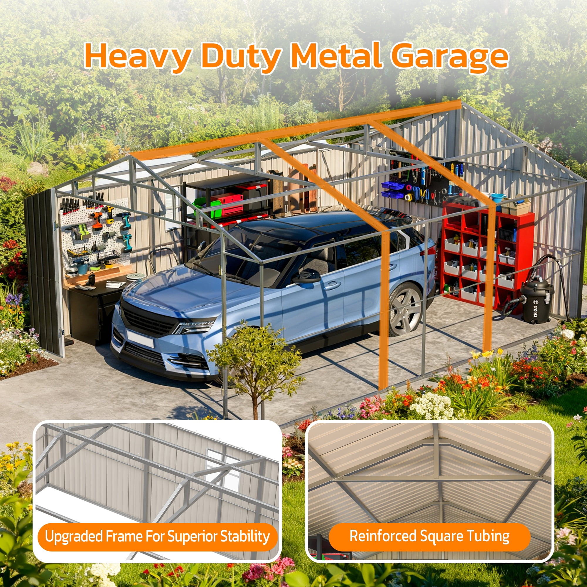 12x20x9.3 FT Outdoor Metal Garage Shed, 1810 CUFT Extra Large Steel Storage Building with Double Doors, 14.5" Snow Load Heavy-Duty All-Weather Garden Shed for Vehicles, Tools & Equipment