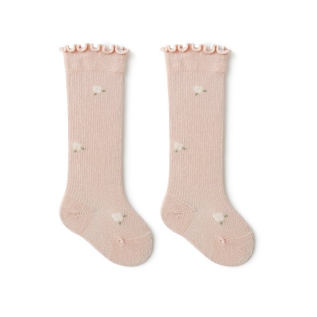 Trayknick 1 Pair Toddler Socks Flower Pattern Wear Resistant Cotton Mini Floral Print Ruffled Baby Knee Length Socks Baby Supplies