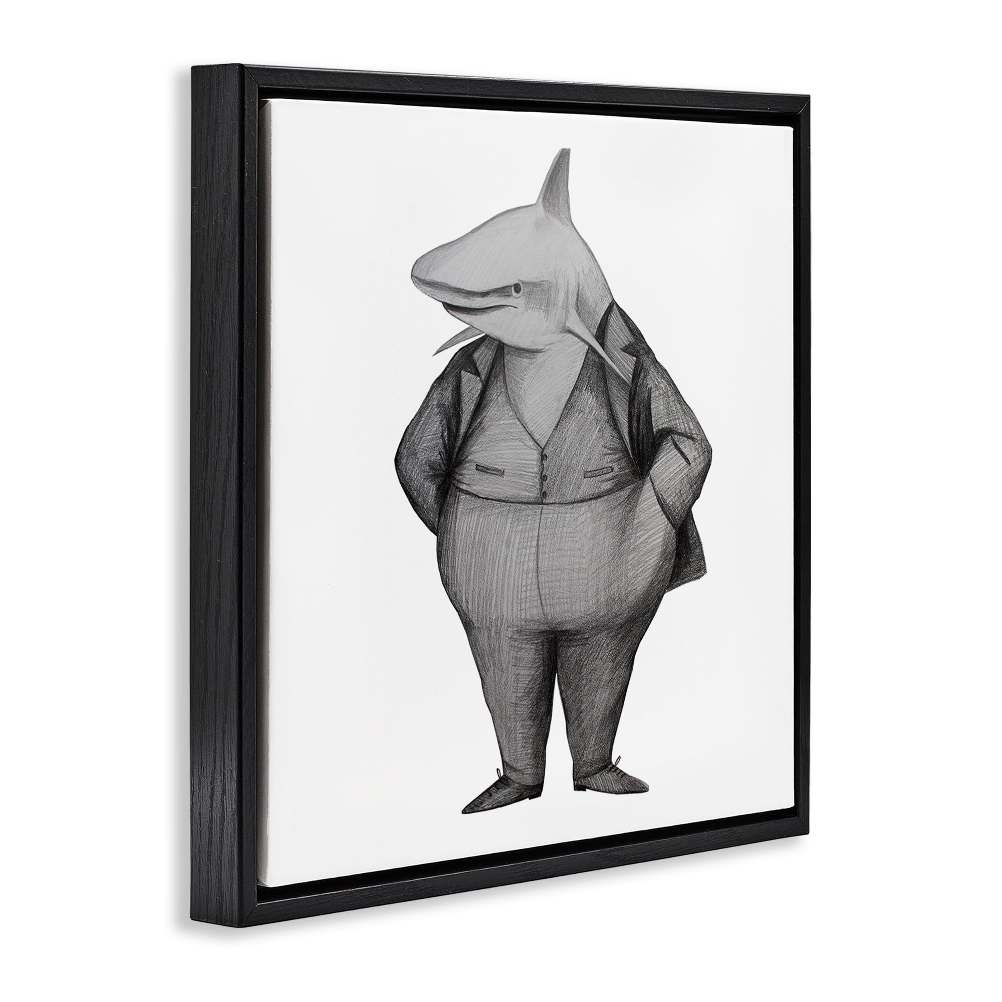 Stupell Industries Shark In Suit Drawing Black Framed Floater Canvas Wall Art, design by Violeta Vollmer