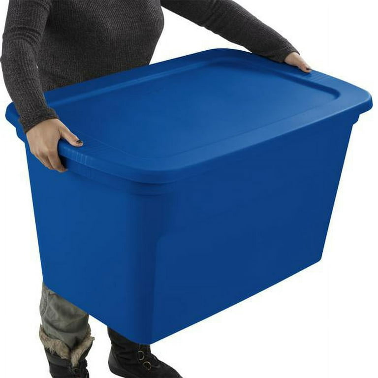 Sterilite Lidded Stackable 30 Gallon Storage Tote Container w/Handles &  Indented Lid for Space Saving Household Storage, Marine Blue, 24 Pack