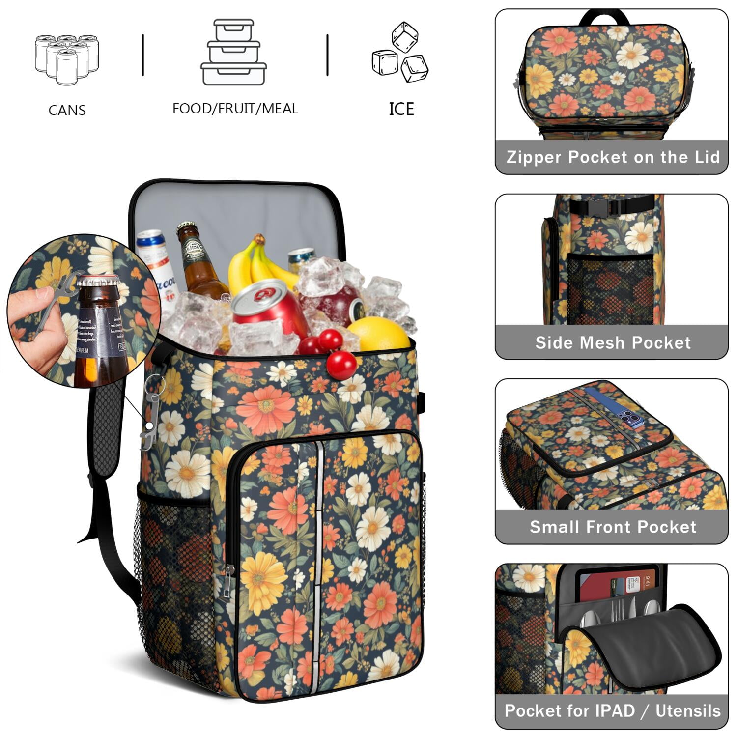 Travel Cooler Bag - Pioneer Flower Camping Beer Cooler Backpack with Bottle Opener- Waterproof Insulated Picnic Backpacks - Cooler Bag for Beach
