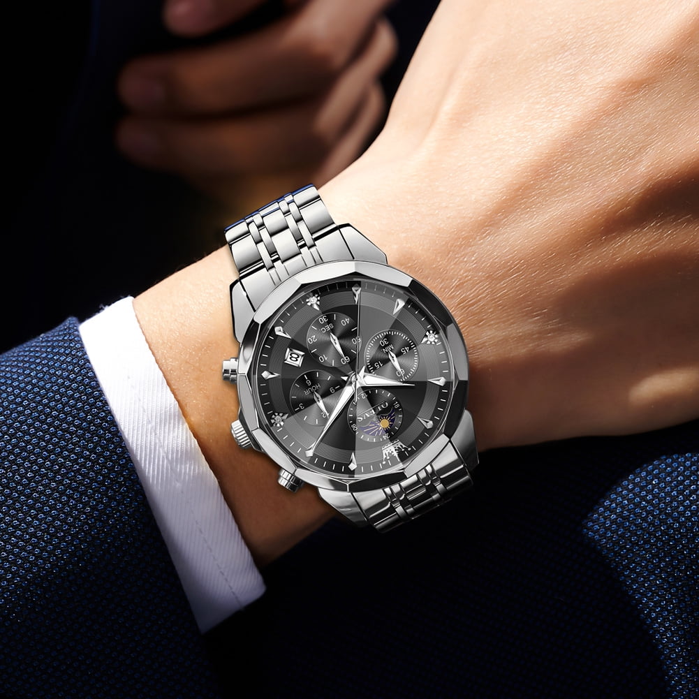 OLEVS Watches For Men Business Dress Luxury Casual Chronograph Multifunction Analog Quartz Stainless Steel Waterproof Luminous Moon Phase Date Men Wrist Watches Reloj Para Hombre Black Dial