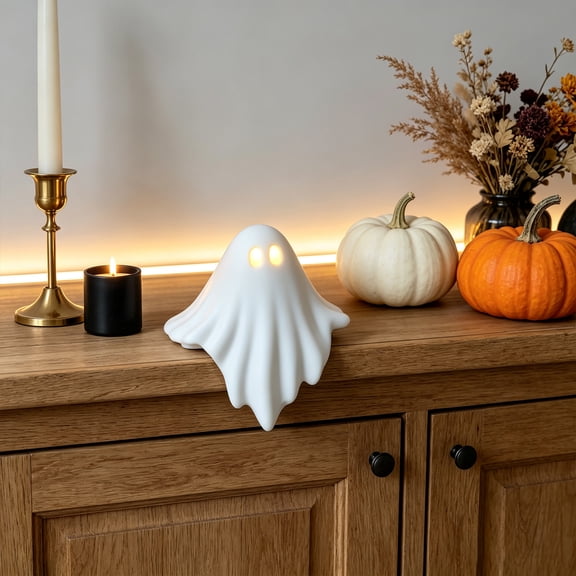 ShaoXinWan Halloween Light Up White Ghost Decor, Hugger Shelf Sitter Figurine with Warm Light, Spooky Ghost Lamp Ornament for Mantel Tabletop Display & Decorations