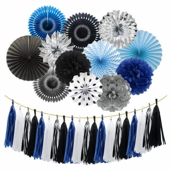 Meiduo Navy Blue Silver Black Party Decorations Hanging Paper Fans Pom Poms Flowers tissue Tassel Garland for Graduation Boy Kids Birthday Man's Navy Party Baby Shower