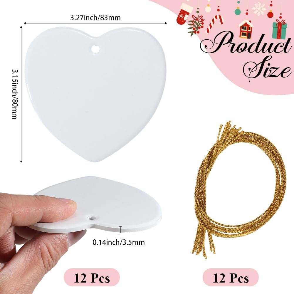 12Pcs Heart Sublimation Ornaments Ceramic Sublimation Blanks with Cords Porcelain White Heat Transfer Blank Personalized Hanging Pendants Tags for Christmas Tree Wedding DIY Craft Decoration White
