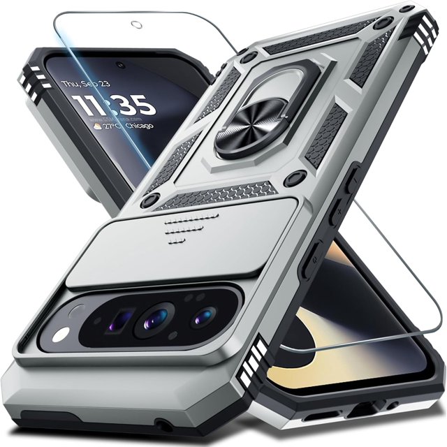 KOMI Case Compatible with Google Pixel 9 Pro XL Built in Slide Camera Lens Cover+Screen Protector+Finger Ring Holder Kickstand,Heavy Duty Shockproof Full Body Protective Phone Cover, Silver