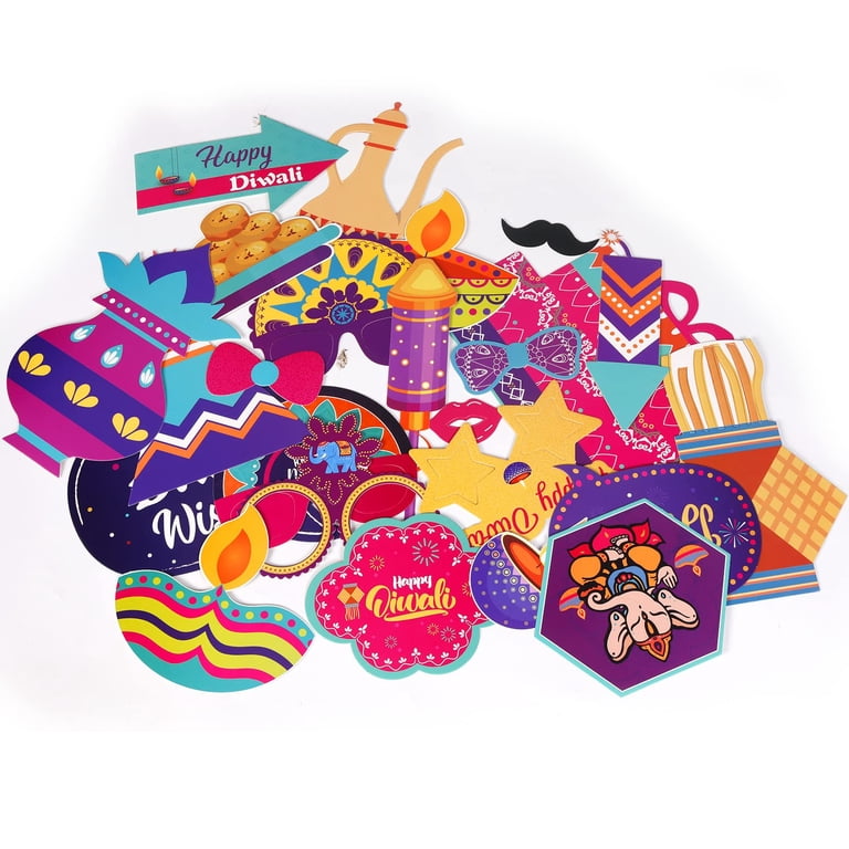 31 Piece Diwali Photo Booth Props Kit With Frame - Festival Of Lights Party Decorations, Selfie Props