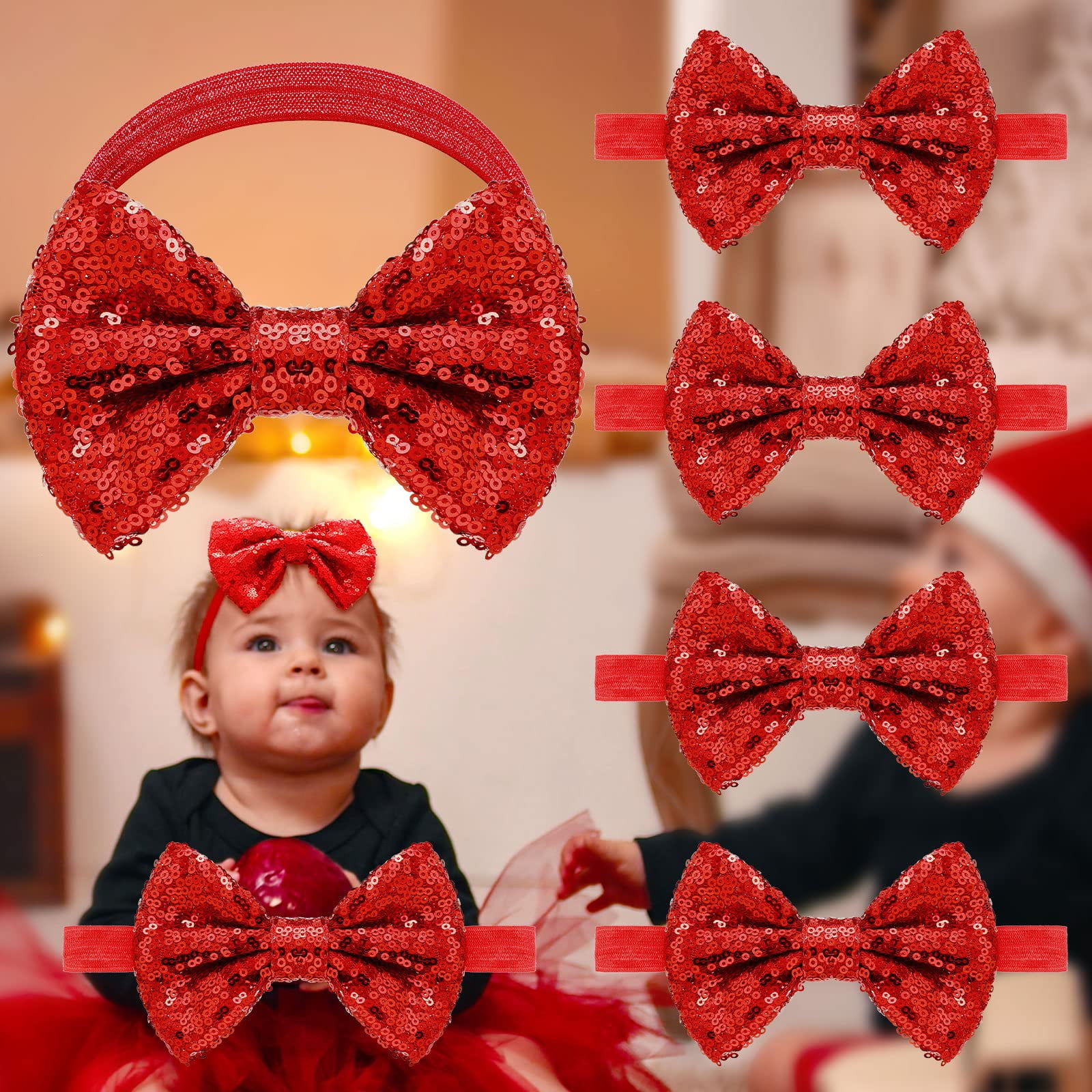 6 Pcs Red Hair Bows for Baby Girl Headband Bowknot Christmas Red Bow  Headband Sequins Hair Bowknot Festival Hair Accessories for Girls Baby  Toddler Kids Christmas Party Supplies (Sequin Style) 