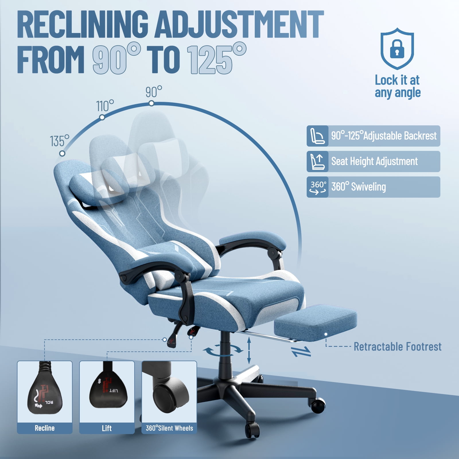 SOONTRANS Gaming Chair for Adults, Leather Office Chair with Footrest & Massage Lumbar Support, High Back Gamer Game Chairs, Blue/White