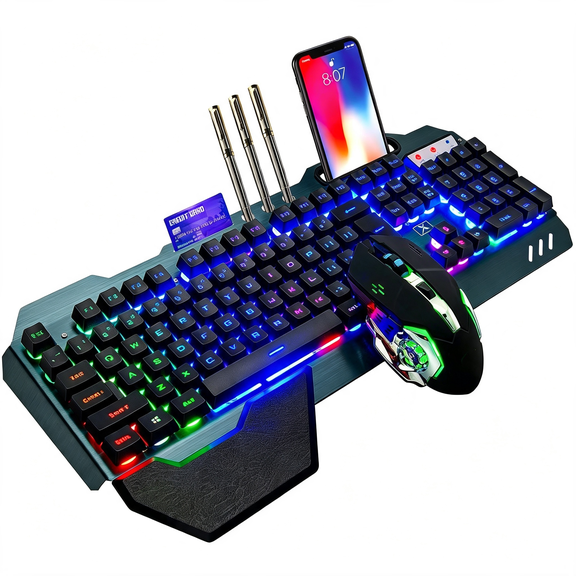 XIBUFE Wireless Gaming Keyboard and Mouse,Rainbow Backlit Rechargeable Keyboard Mouse 3800Mah Battery Metal Panel,Removable Hand Rest Mechanical Feel Gaming Mute Mouse for Pc Xbox Gamers