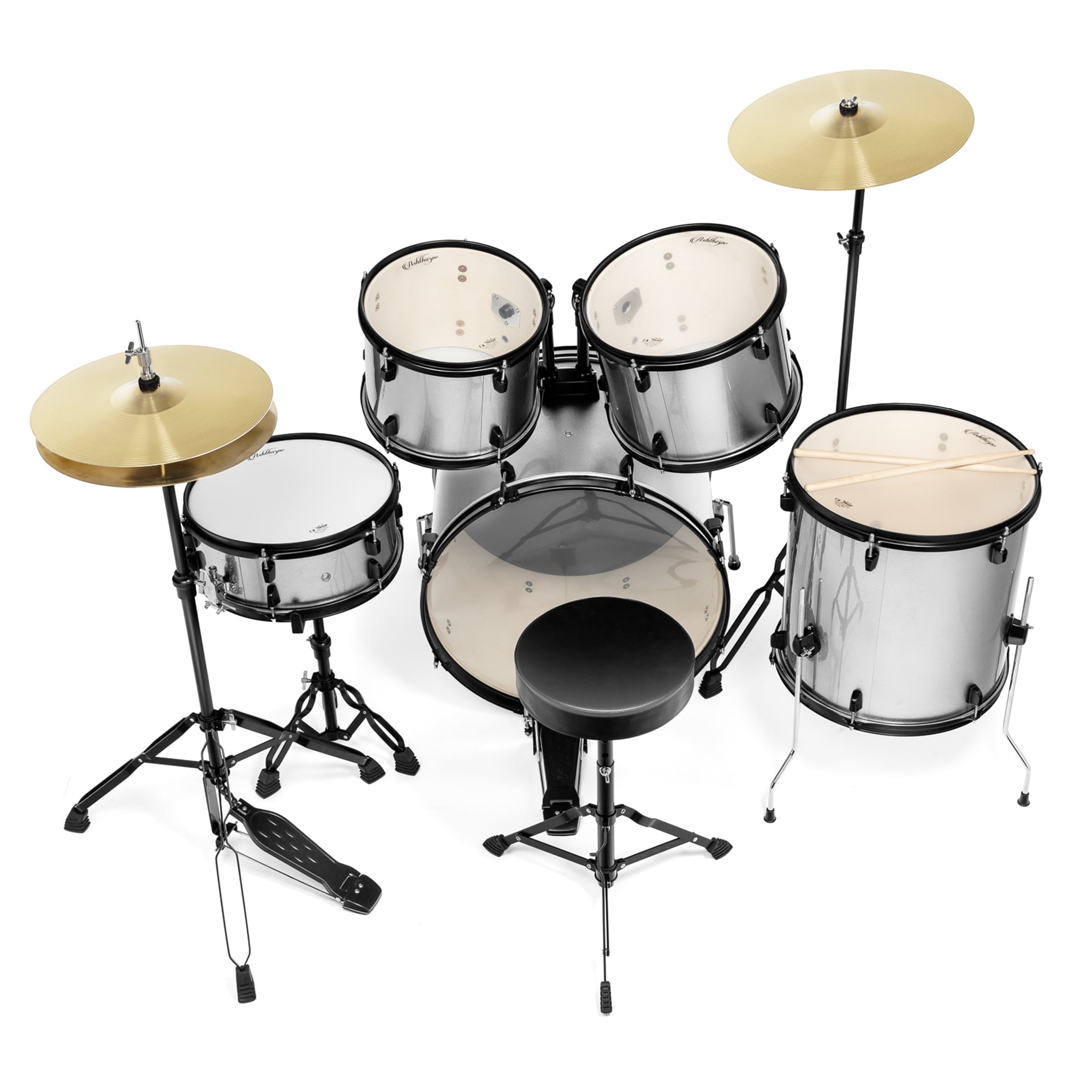 Ashthorpe 5-Piece Complete Full Size Adult Drum Set with Remo Batter Drumheads - Silver