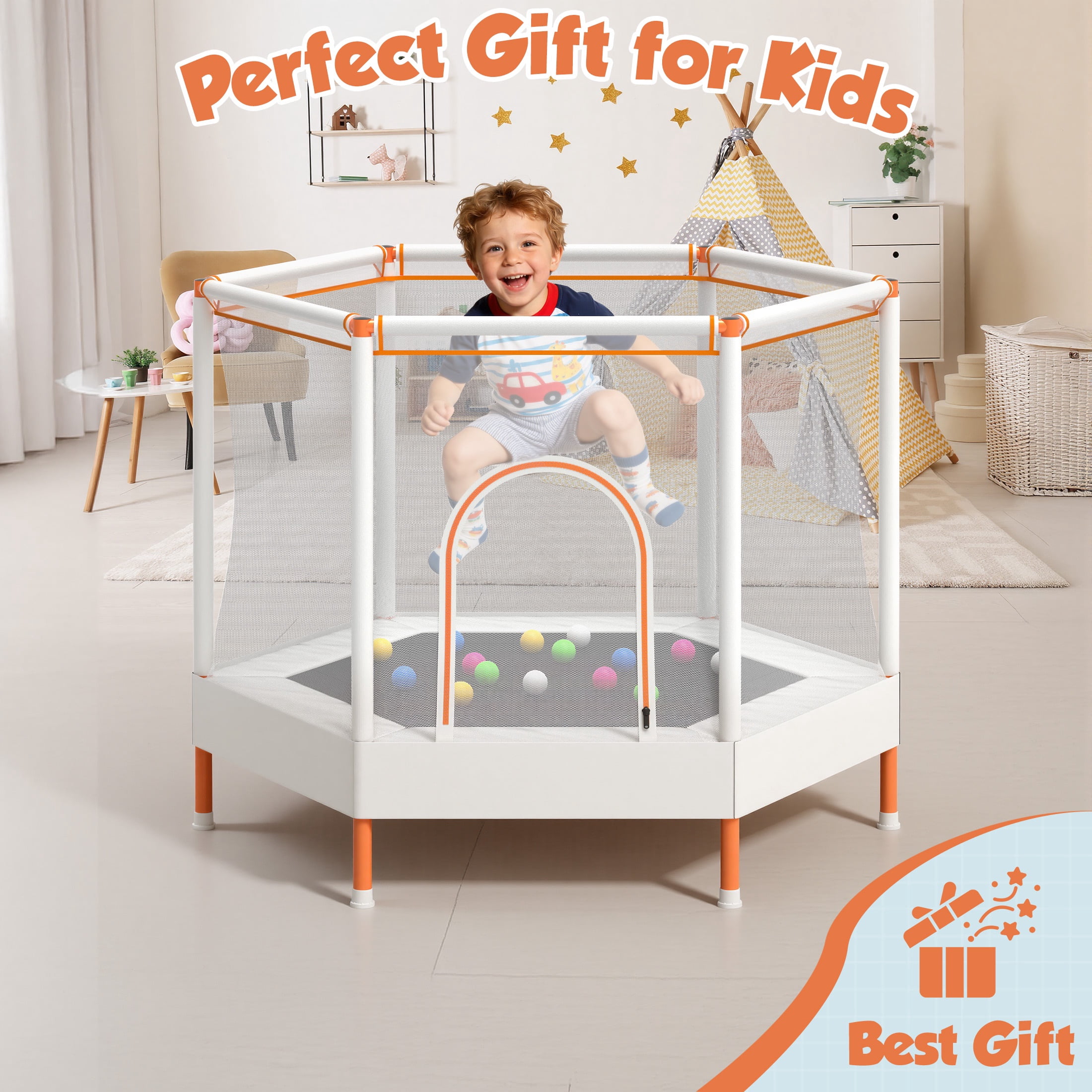 SHINPT 55'' Kids Trampoline with Safety Net, No-Gap Toddler Trampoline Indoor&Outdoor, Mini Trampoline for Kids Ages 3-8, 4.5FT Small Trampoline with Enclosure, Easy Assembly