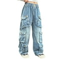 thumbnail image 4 of XXWXYD Girls Boys Kids Cargo Jeans Elastic Waist Straight Wide Leg Baggy Denim Pants Casual Loose Trousers 6-14 Years, 4 of 9
