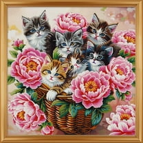 Cute Cats in Flower Basket DIY 11CT Stamped Cross Stitch Kits for Beginners Easy Needlepoint Embroidery Counted Cross Stitch Art Craft for Wall Decoration 14x14inch(1)