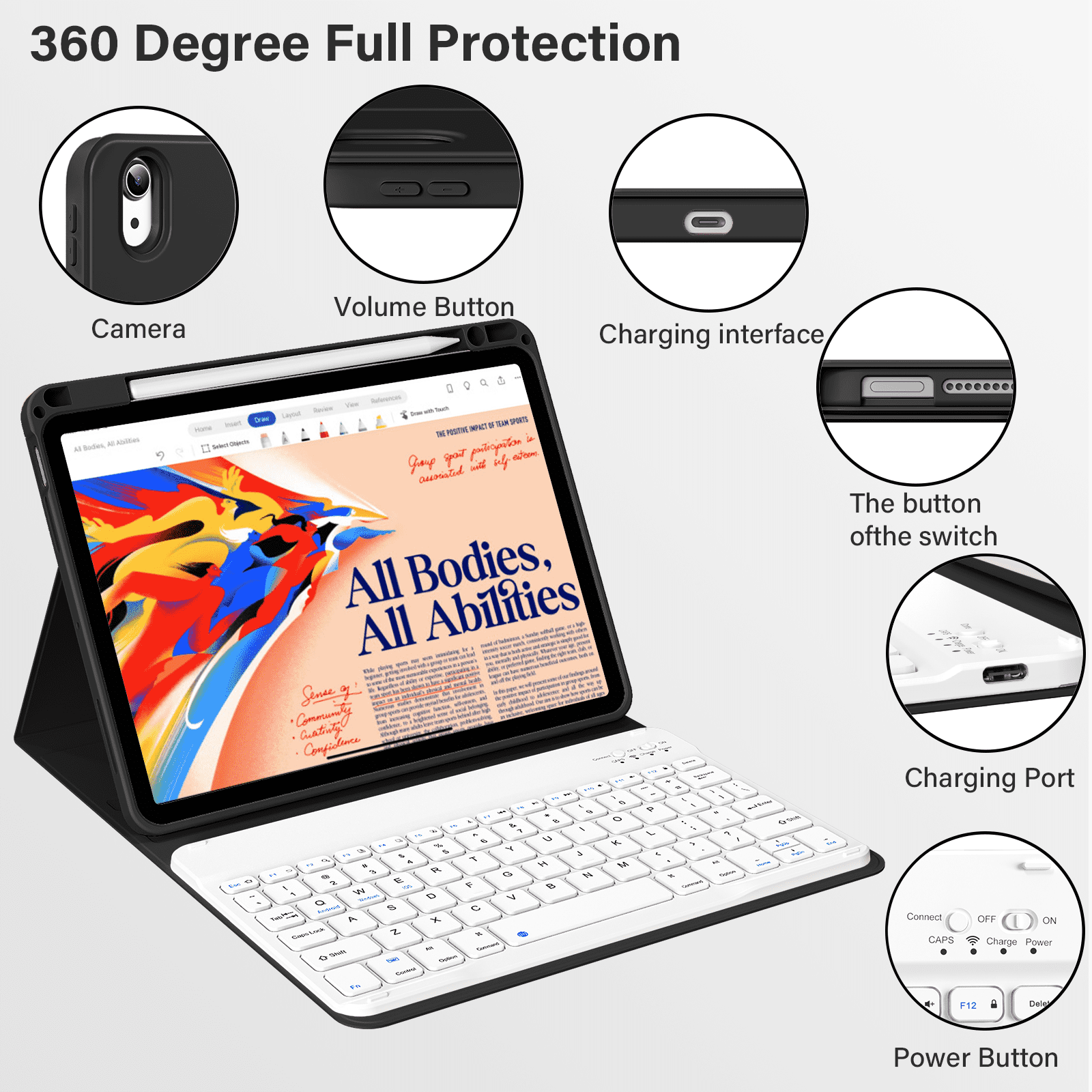 Kenke Keyboard Case iPad Air 11 Inch M3/M2 (2025/2024), iPad Air 5/4th Gen (2022/2020) 10.9 Inch, Detachable Bluetooth Keyboard Rechargeable with Right Side Pencil Holder & Groove, Balck