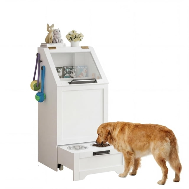 Station d'Alimentation pour Chien Surélevée Multifonction avec Armoire de Rangement – Bac à Nourriture Supérieur Convertible, 2 Bols en Acier Inoxydable, Organisateur de Jouets – Meuble de Table à Manger Moderne pour Animaux de Compagnie pour Cuisine Ou Salle à Manger