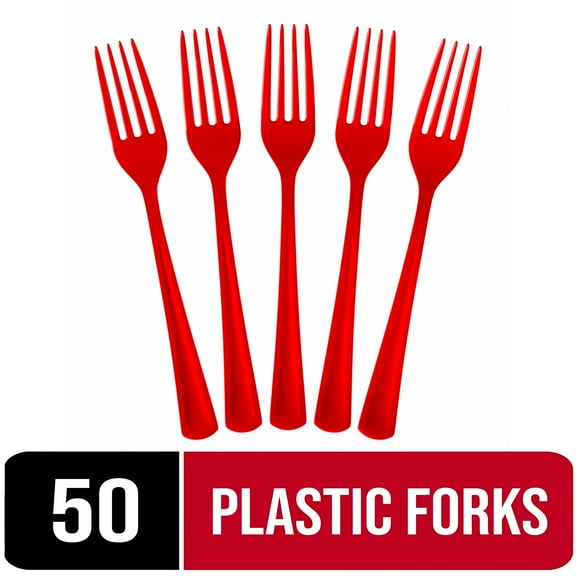 Exquisite Plastic Disposable Forks - 50 Red Heavy-Duty Forks for Party, Dinner, BBQ (1 Pack)