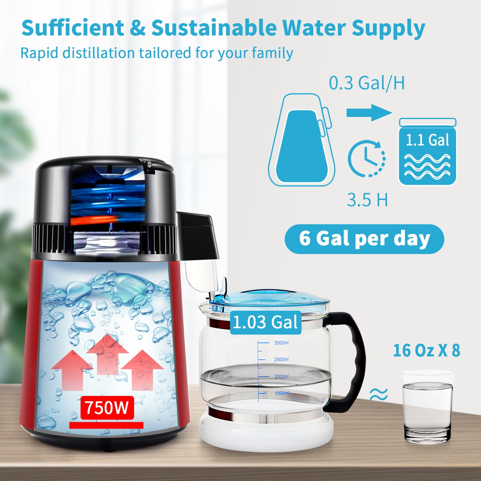 KFFKFF Water Purification System, 1.1Gal Capacity, 0.3Gal/Hour, 750W, Timer 0-99H, Dual Temperature Indicator, Made of 304 Stainless Steel, Glass Jug, Cleaning Agent, and Carbon Filters, Red