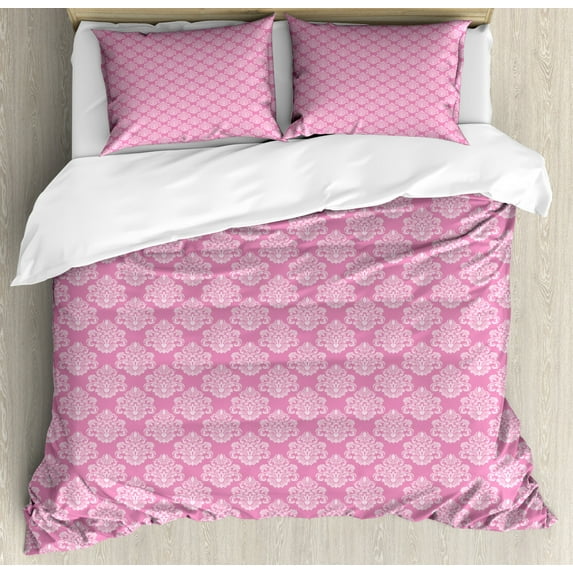 Damask Duvet Cover Set Queen Size, Flora Design with Middle Eastern Motifs Flowers Leaves Swirls Vintage Inspirations, Decorative 3 Piece Bedding Set with 2 Pillow Shams, Pink White, by Ambesonne