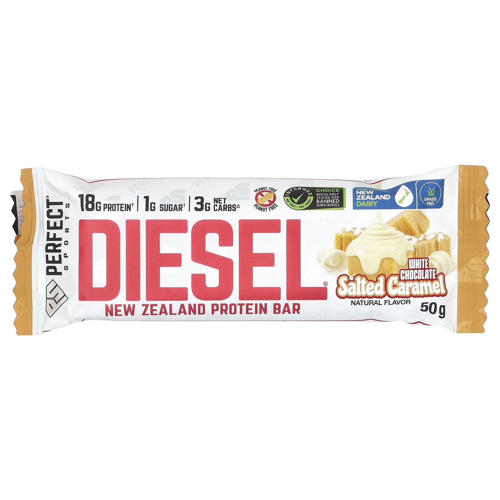 PERFECT Sports Diesel, New Zealand Protein Bar, White Chocolate Salted Caramel, 12 Bars, 50 g Each