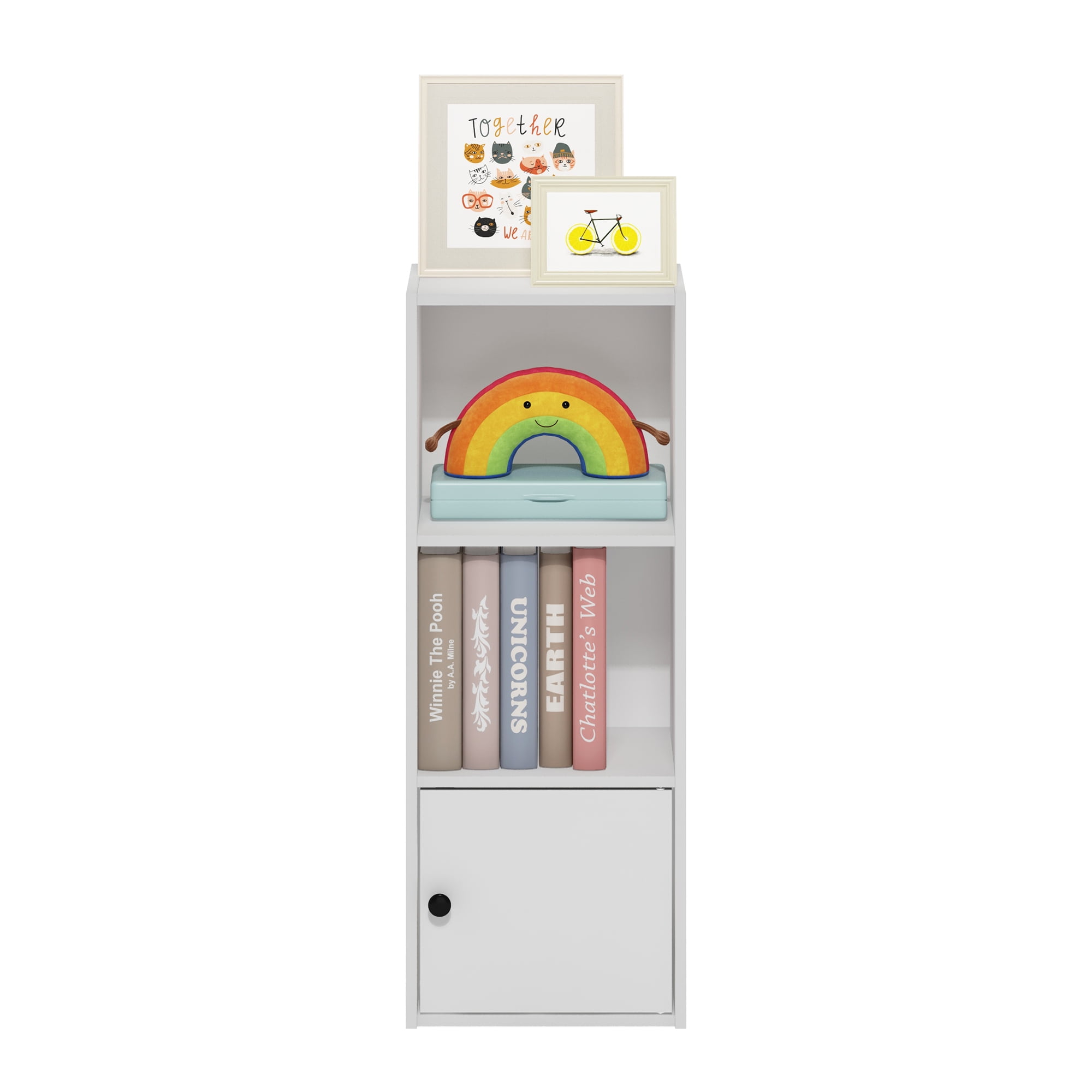 Furinno Luder 3-Tier Shelf Bookcase with 1 Door Storage Cabinet, White